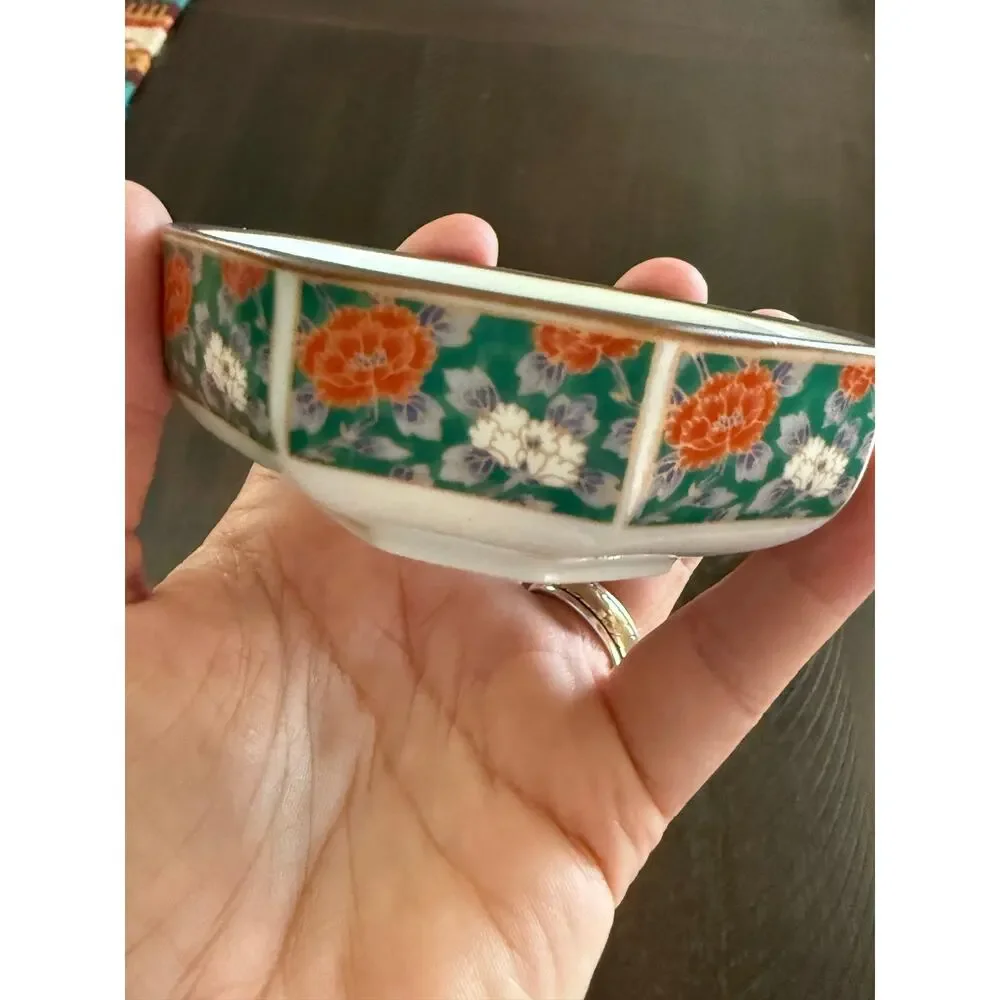 Vintage Japanese Shozan Kiln Mino Ware Octagonal Floral Bowl Kutani Style